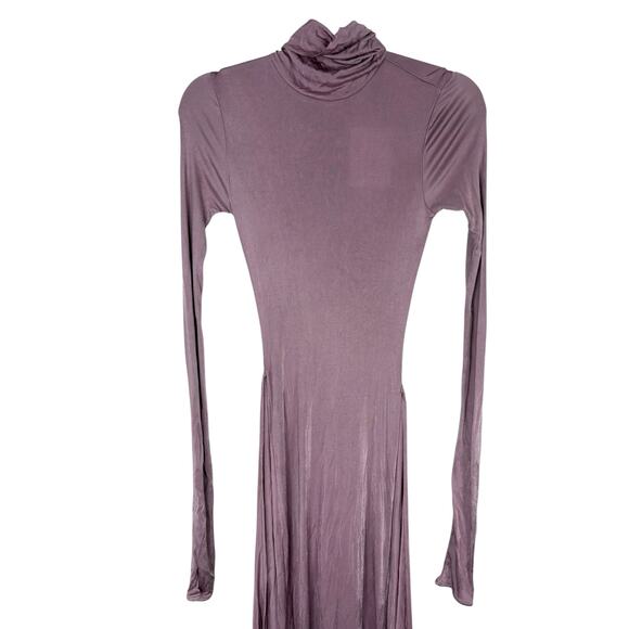 Helsa Slinky Jersey Ruched Sarong Maxi Dress Turtleneck Long Sleeve Purple Sz M - Picture 7 of 13
